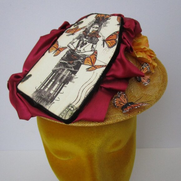 Monarch Butterfly Steampunk Woman Percher Whimsy Hat Wheat Straw Church Easter main image 10